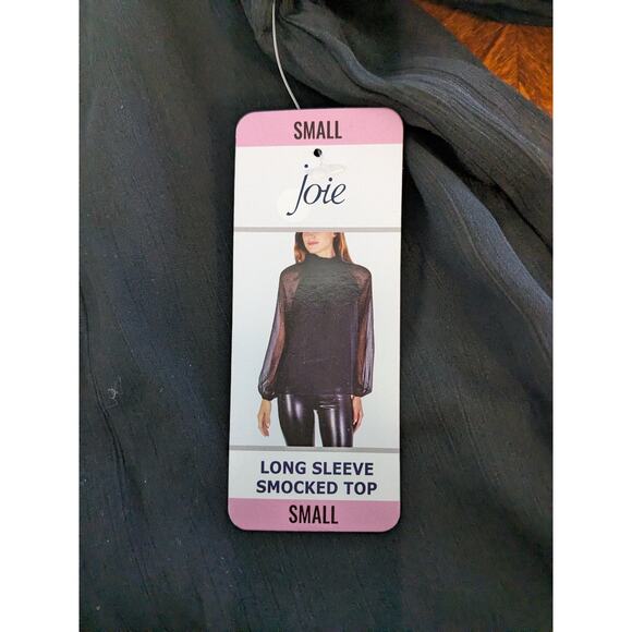 Joie Smocked Top S Black Sheer Long Sleeves Lined Keyhole Blouse High Mock Neck - Picture 10 of 14